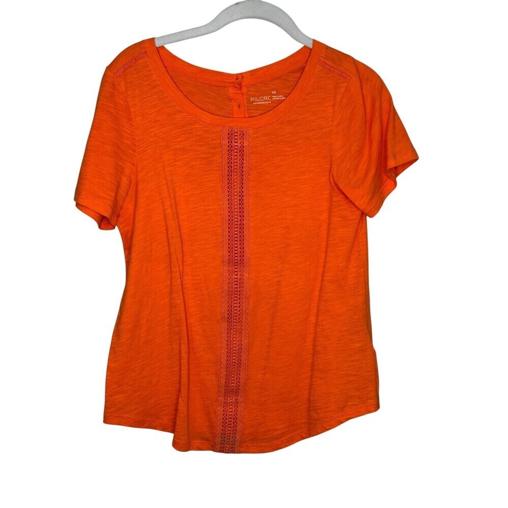 Pilcro Anthropologie Shirt Womens XS Orange Crochet Trim Scoop Neck Tee Top